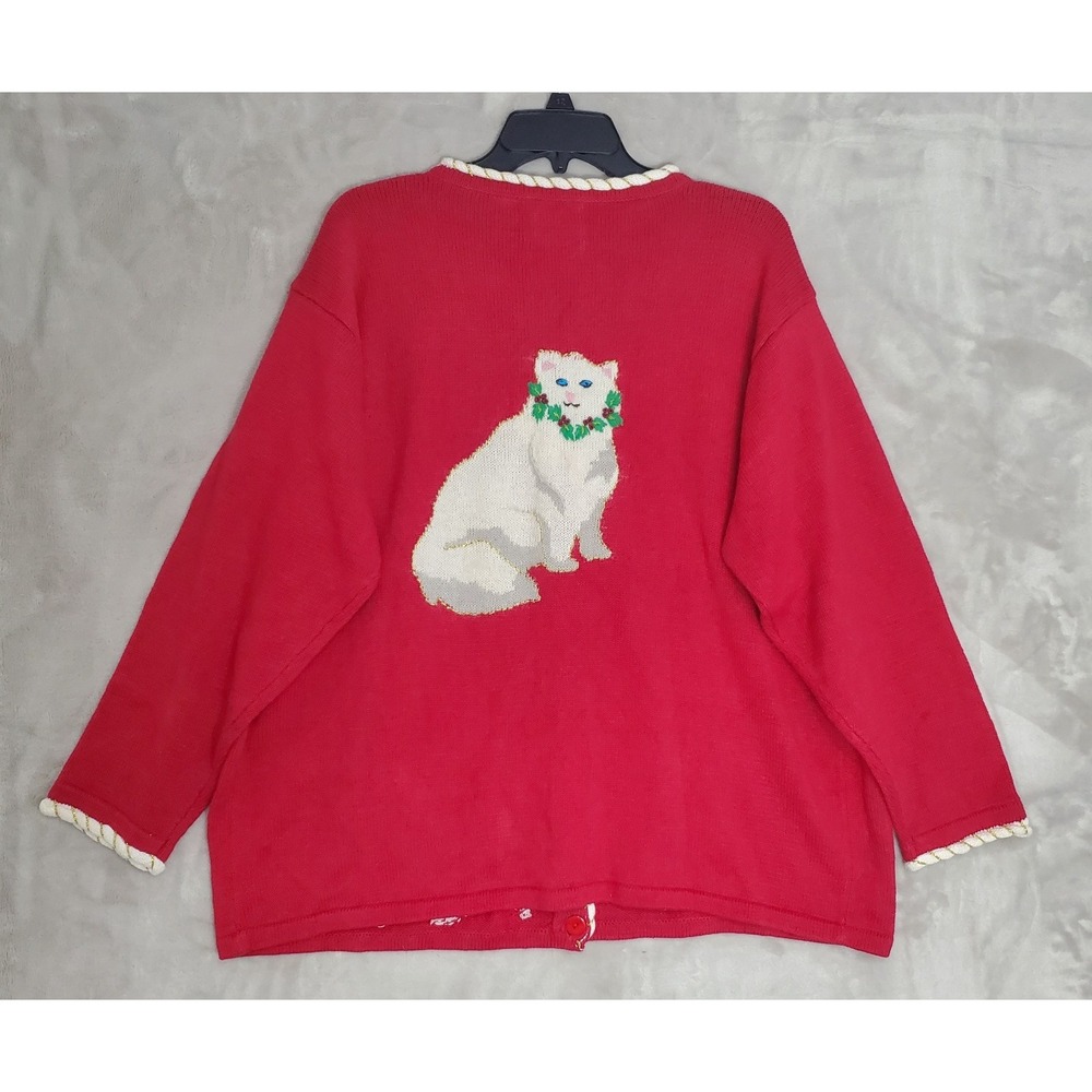 Storybook Knits Sweater Womens 2XL Red Christmas Siamese Cat Cardigan NWT - Picture 5 of 7